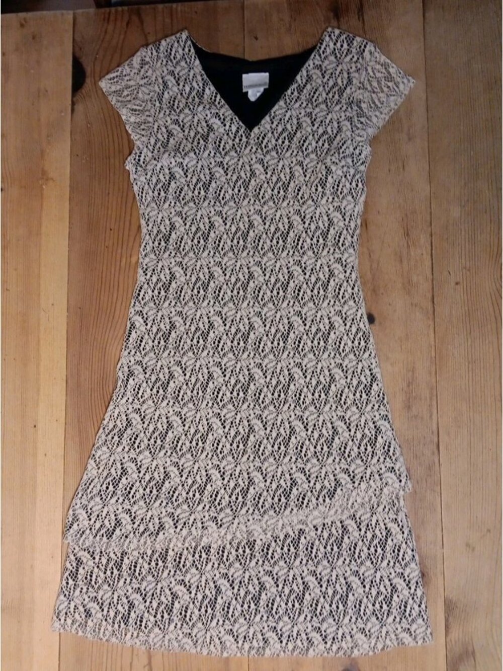 Vtg Fashion Bug Y2K 90s Mini Dress Women 6 Black Tan Sheer Sleeve Mesh Crochet